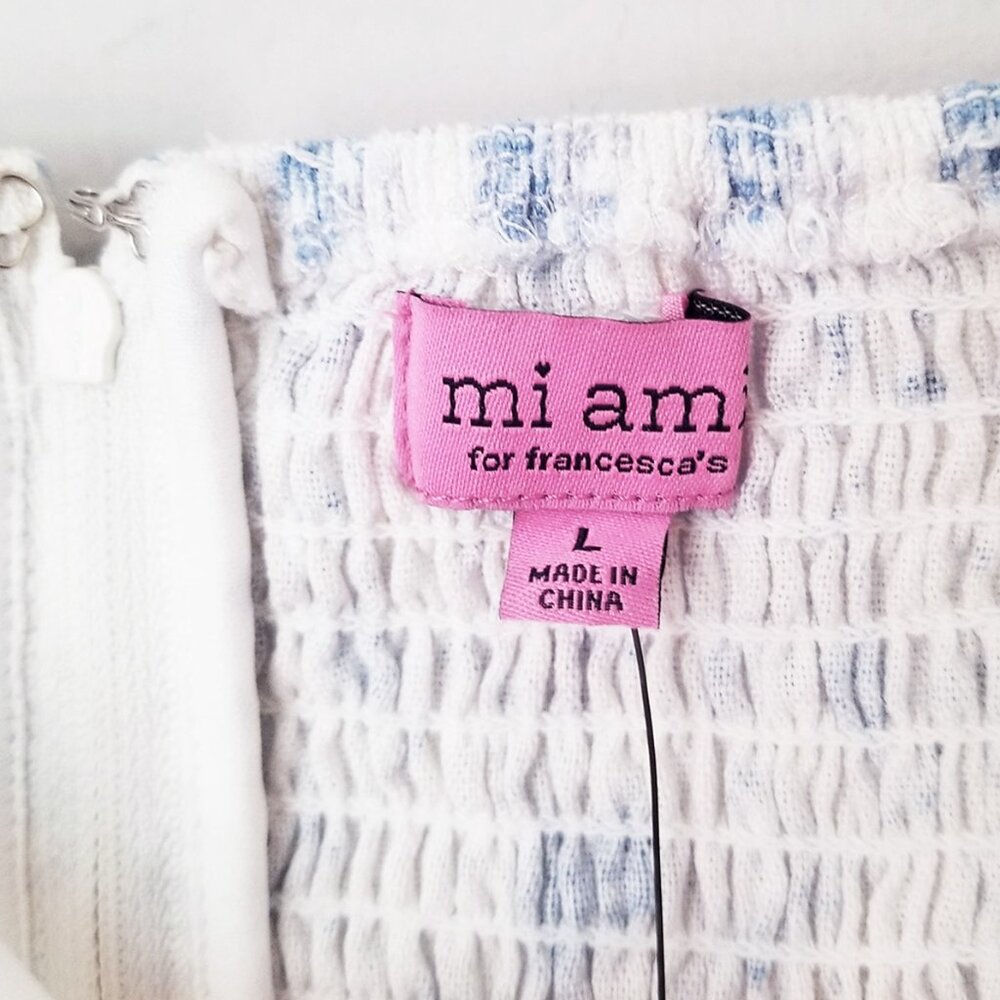 NEW Mi Ami Francesca's Erin Floral Square Neck Mini Dress L White Blue Cottage - Picture 8 of 15